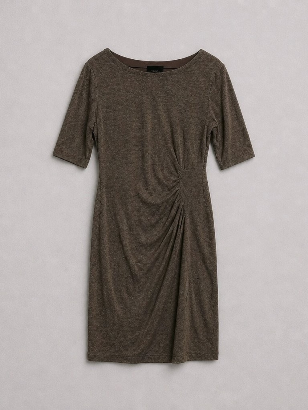 Connected Apparel Beige Ruched Midi Dress - Heathered Knit Casual Office Wear 10